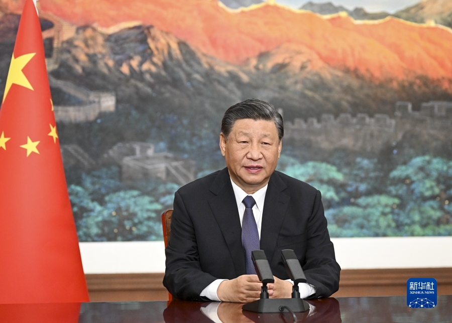 11月8日上午，國(guó)家主席習(xí)近平向2023年世界互聯(lián)網(wǎng)大會(huì)烏鎮(zhèn)峰會(huì)開(kāi)幕式發(fā)表視頻致辭。新華社記者 李學(xué)仁 攝