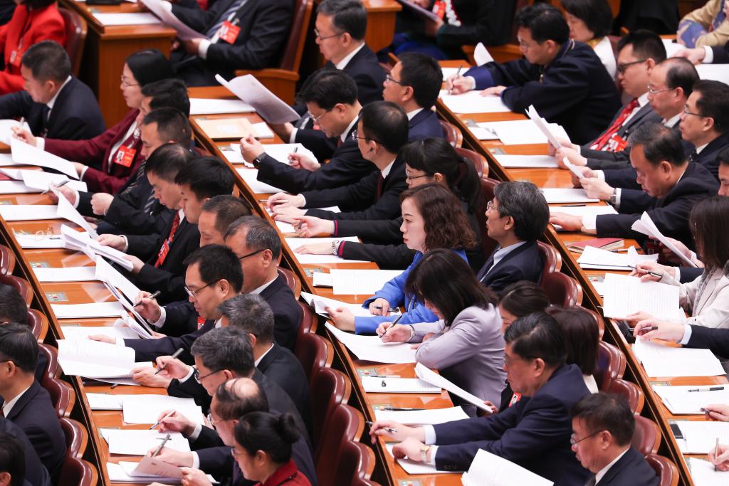 3月8日，十四屆全國(guó)人大二次會(huì)議在北京人民大會(huì)堂舉行第二次全體會(huì)議。新華社記者 王婧嬙 攝