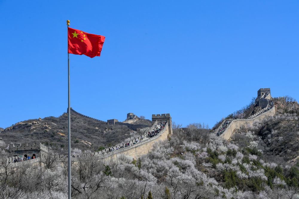 2024年4月7日，游客在山花盛開(kāi)的八達(dá)嶺長(zhǎng)城觀光游覽。新華社記者 鞠煥宗 攝