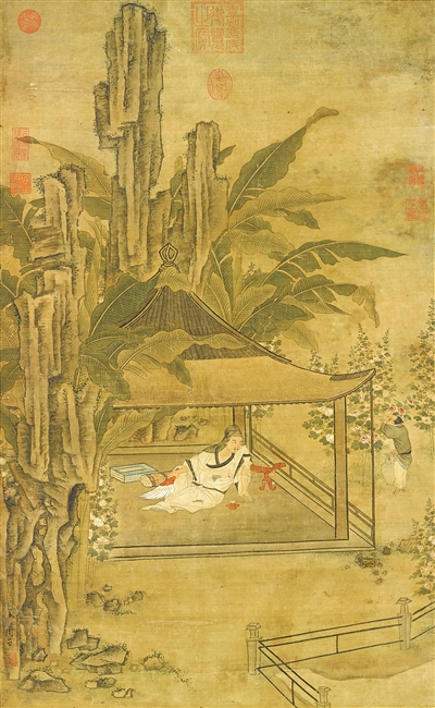 中國畫《山亭納涼圖》，作者為明代周臣。  臺北故宮博物院藏