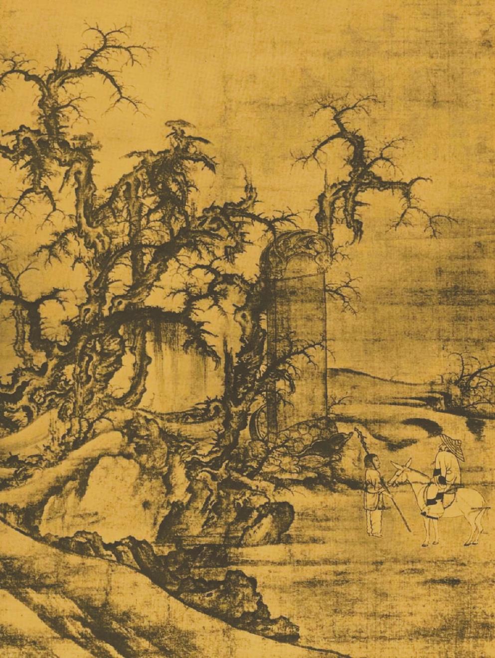 《黑神話：悟空》中的室外場(chǎng)景，隨處可見中國古代山水畫的影子。左圖為游戲畫面，右圖為北宋李成《讀碑窠石圖》。