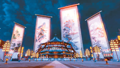 《唐宮夜宴》展覽中，含元殿外景。 　　出品方供圖