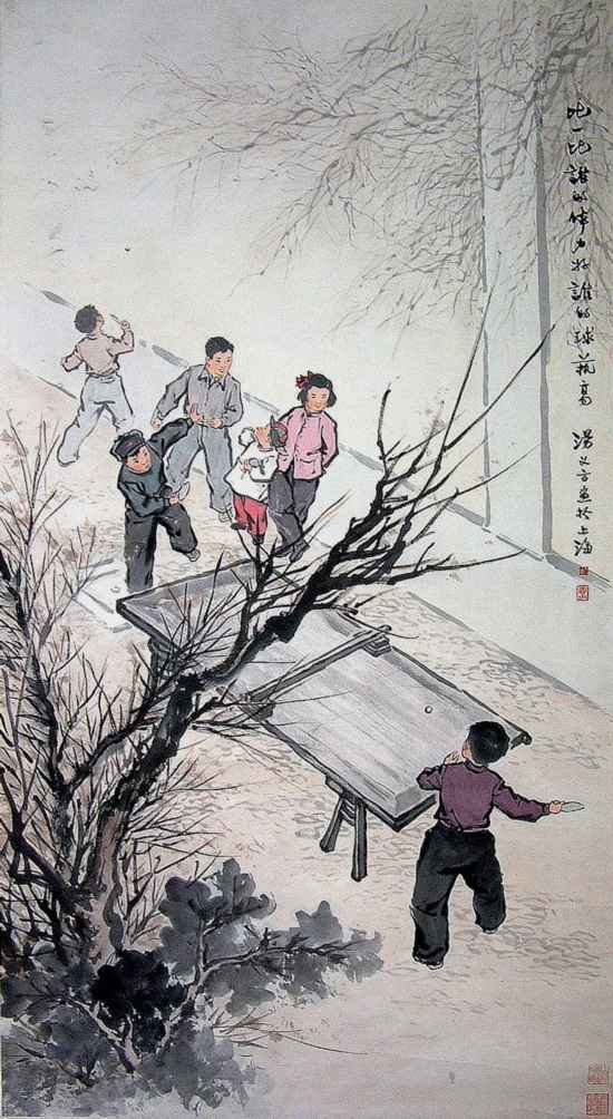 湯義方《比一比》126×69cm 中國(guó)畫(huà) 1962年 上海中國(guó)畫(huà)院藏