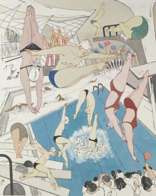 白瓔《第十四屆國(guó)際泳聯(lián)世界錦標(biāo)賽在上海舉行》194×154cm 中國(guó)畫(huà)2021年 中華藝術(shù)宮（上海美術(shù)館）藏